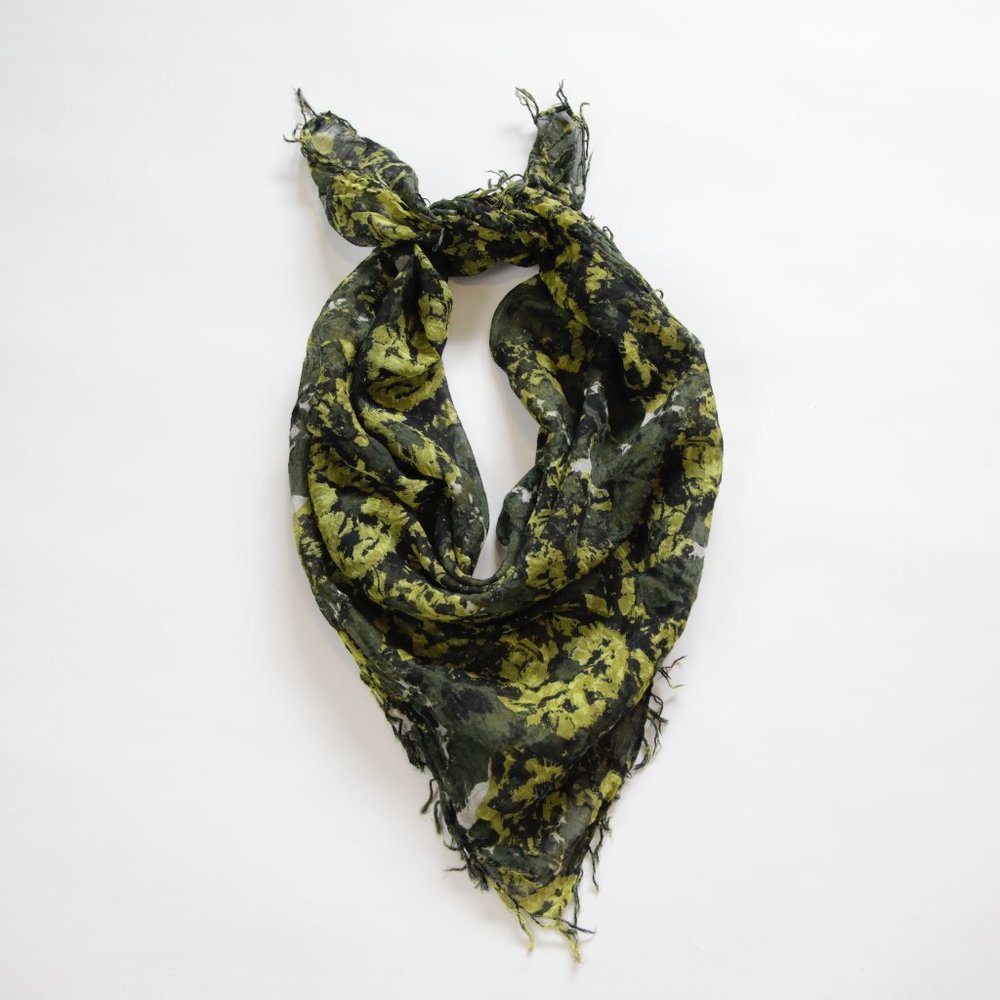 Abstract Green Floral Square Scarf with Tassles, 36" x 36"